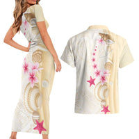 Beige Frangipani Sea Shell Couples Matching Short Sleeve Bodycon Dress and Hawaiian Shirt Starfish Polynesian Pattern LT01 - Polynesian Pride
