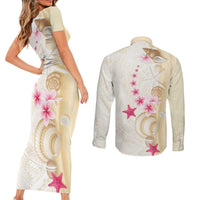 Beige Frangipani Sea Shell Couples Matching Short Sleeve Bodycon Dress and Long Sleeve Button Shirt Starfish Polynesian Pattern LT01 - Polynesian Pride