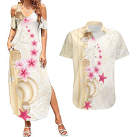 Beige Frangipani Sea Shell Couples Matching Summer Maxi Dress and Hawaiian Shirt Starfish Polynesian Pattern LT01 Beige - Polynesian Pride