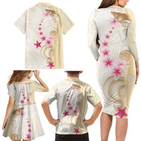 Beige Frangipani Sea Shell Family Matching Long Sleeve Bodycon Dress and Hawaiian Shirt Starfish Polynesian Pattern - Polynesian Pride