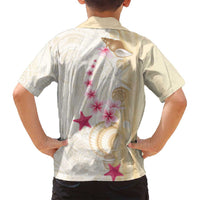 Beige Frangipani Sea Shell Family Matching Off Shoulder Short Dress and Hawaiian Shirt Starfish Polynesian Pattern - Polynesian Pride