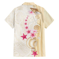 Beige Frangipani Sea Shell Family Matching Off Shoulder Short Dress and Hawaiian Shirt Starfish Polynesian Pattern - Polynesian Pride
