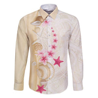 Beige Frangipani Sea Shell Family Matching Off Shoulder Short Dress and Hawaiian Shirt Starfish Polynesian Pattern - Polynesian Pride