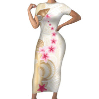 Beige Frangipani Sea Shell Short Sleeve Bodycon Dress Starfish Polynesian Pattern LT01 Long Dress Beige - Polynesian Pride