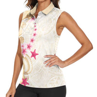 Beige Frangipani Sea Shell Women Sleeveless Polo Shirt Starfish Polynesian Pattern LT01 - Polynesian Pride