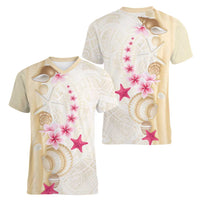 Beige Frangipani Sea Shell Women V-Neck T-Shirt Starfish Polynesian Pattern LT01 - Polynesian Pride