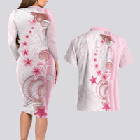 Pink Plumeria Sea Shell Couples Matching Long Sleeve Bodycon Dress and Hawaiian Shirt Starfish Polynesian Pattern - Polynesian Pride