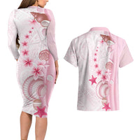 Pink Plumeria Sea Shell Couples Matching Long Sleeve Bodycon Dress and Hawaiian Shirt Starfish Polynesian Pattern LT01 - Polynesian Pride
