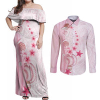 Pink Plumeria Sea Shell Couples Matching Off Shoulder Maxi Dress and Long Sleeve Button Shirt Starfish Polynesian Pattern LT01 Pink - Polynesian Pride