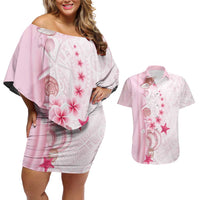 Pink Plumeria Sea Shell Couples Matching Off Shoulder Short Dress and Hawaiian Shirt Starfish Polynesian Pattern LT01 Pink - Polynesian Pride