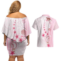 Pink Plumeria Sea Shell Couples Matching Off Shoulder Short Dress and Hawaiian Shirt Starfish Polynesian Pattern LT01 - Polynesian Pride