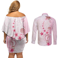 Pink Plumeria Sea Shell Couples Matching Off Shoulder Short Dress and Long Sleeve Button Shirt Starfish Polynesian Pattern LT01 - Polynesian Pride