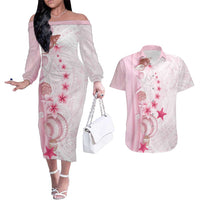 Pink Plumeria Sea Shell Couples Matching Off The Shoulder Long Sleeve Dress and Hawaiian Shirt Starfish Polynesian Pattern LT01 Pink - Polynesian Pride
