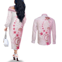 Pink Plumeria Sea Shell Couples Matching Off The Shoulder Long Sleeve Dress and Long Sleeve Button Shirt Starfish Polynesian Pattern LT01 - Polynesian Pride