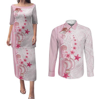 Pink Plumeria Sea Shell Couples Matching Puletasi and Long Sleeve Button Shirt Starfish Polynesian Pattern LT01 Pink - Polynesian Pride