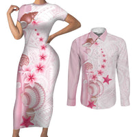 Pink Plumeria Sea Shell Couples Matching Short Sleeve Bodycon Dress and Long Sleeve Button Shirt Starfish Polynesian Pattern LT01 Pink - Polynesian Pride