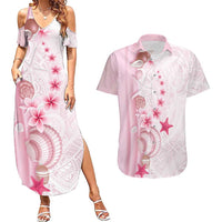 Pink Plumeria Sea Shell Couples Matching Summer Maxi Dress and Hawaiian Shirt Starfish Polynesian Pattern LT01 Pink - Polynesian Pride