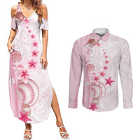 Pink Plumeria Sea Shell Couples Matching Summer Maxi Dress and Long Sleeve Button Shirt Starfish Polynesian Pattern LT01 Pink - Polynesian Pride