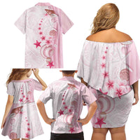 Pink Plumeria Sea Shell Family Matching Off Shoulder Short Dress and Hawaiian Shirt Starfish Polynesian Pattern LT01 - Polynesian Pride
