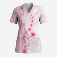 Pink Plumeria Sea Shell Scrub Top Starfish Polynesian Pattern LT01 Adult Pink - Polynesian Pride