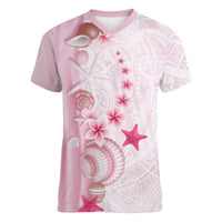 Pink Plumeria Sea Shell Women V-Neck T-Shirt Starfish Polynesian Pattern LT01 Female Pink - Polynesian Pride