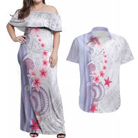 Purple Plumeria Sea Shell Couples Matching Off Shoulder Maxi Dress and Hawaiian Shirt Starfish Polynesian Pattern LT01 Purple - Polynesian Pride