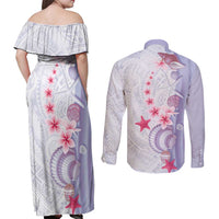 Purple Plumeria Sea Shell Couples Matching Off Shoulder Maxi Dress and Long Sleeve Button Shirt Starfish Polynesian Pattern LT01 - Polynesian Pride