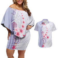Purple Plumeria Sea Shell Couples Matching Off Shoulder Short Dress and Hawaiian Shirt Starfish Polynesian Pattern LT01 Purple - Polynesian Pride