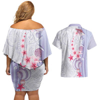 Purple Plumeria Sea Shell Couples Matching Off Shoulder Short Dress and Hawaiian Shirt Starfish Polynesian Pattern LT01 - Polynesian Pride