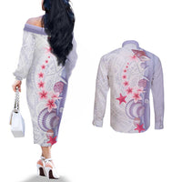 Purple Plumeria Sea Shell Couples Matching Off The Shoulder Long Sleeve Dress and Long Sleeve Button Shirt Starfish Polynesian Pattern LT01 - Polynesian Pride