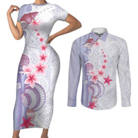 Purple Plumeria Sea Shell Couples Matching Short Sleeve Bodycon Dress and Long Sleeve Button Shirt Starfish Polynesian Pattern LT01 Purple - Polynesian Pride