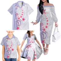 Purple Plumeria Sea Shell Family Matching Off The Shoulder Long Sleeve Dress and Hawaiian Shirt Starfish Polynesian Pattern - Polynesian Pride