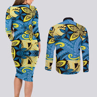 Plumeria Polynesian Pattern Couples Matching Long Sleeve Bodycon Dress and Long Sleeve Button Shirt Unique Fantasy Blue Yellow LT01 - Polynesian Pride