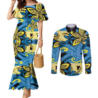 Plumeria Polynesian Pattern Couples Matching Mermaid Dress and Long Sleeve Button Shirt Unique Fantasy Blue Yellow LT01 Blue - Polynesian Pride
