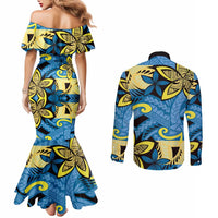 Plumeria Polynesian Pattern Couples Matching Mermaid Dress and Long Sleeve Button Shirt Unique Fantasy Blue Yellow LT01 - Polynesian Pride