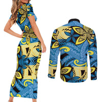 Plumeria Polynesian Pattern Couples Matching Short Sleeve Bodycon Dress and Long Sleeve Button Shirt Unique Fantasy Blue Yellow