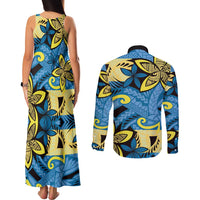Plumeria Polynesian Pattern Couples Matching Tank Maxi Dress and Long Sleeve Button Shirt Unique Fantasy Blue Yellow LT01 - Polynesian Pride