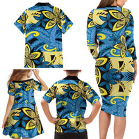 Plumeria Polynesian Pattern Family Matching Long Sleeve Bodycon Dress and Hawaiian Shirt Unique Fantasy Blue Yellow