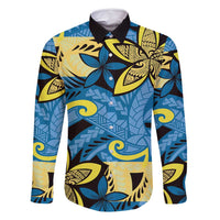 Plumeria Polynesian Pattern Family Matching Off Shoulder Short Dress and Hawaiian Shirt Unique Fantasy Blue Yellow