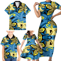Plumeria Polynesian Pattern Family Matching Short Sleeve Bodycon Dress and Hawaiian Shirt Unique Fantasy Blue Yellow