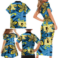 Plumeria Polynesian Pattern Family Matching Short Sleeve Bodycon Dress and Hawaiian Shirt Unique Fantasy Blue Yellow