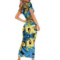 Plumeria Polynesian Pattern Family Matching Short Sleeve Bodycon Dress and Hawaiian Shirt Unique Fantasy Blue Yellow