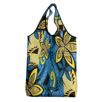 Plumeria Polynesian Pattern Grocery Bag Unique Fantasy Blue Yellow