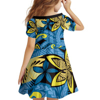 Plumeria Polynesian Pattern Kid Short Sleeve Dress Unique Fantasy Blue Yellow LT01 - Polynesian Pride