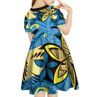 Plumeria Polynesian Pattern Kid Short Sleeve Dress Unique Fantasy Blue Yellow LT01 - Polynesian Pride