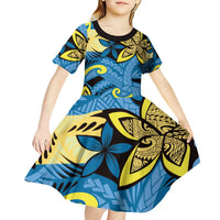 Plumeria Polynesian Pattern Kid Short Sleeve Dress Unique Fantasy Blue Yellow LT01 - Polynesian Pride