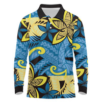 Plumeria Polynesian Pattern Long Sleeve Polo Shirt Unique Fantasy Blue Yellow