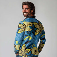 Plumeria Polynesian Pattern Long Sleeve Polo Shirt Unique Fantasy Blue Yellow