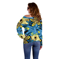 Plumeria Polynesian Pattern Off Shoulder Sweater Unique Fantasy Blue Yellow