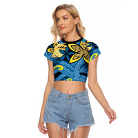 Plumeria Polynesian Pattern Raglan Cropped T Shirt Unique Fantasy Blue Yellow LT01 Female Blue - Polynesian Pride
